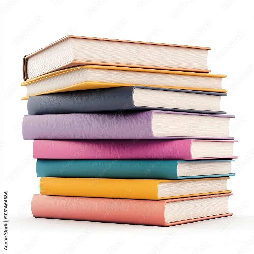 Stacked books in various colors create vibrant display against white background, showcasing neat arrangement that invites curiosity and learning Stacked books in various colors create vibrant display against white background, showcasing neat arrangement that invites curiosity and learning