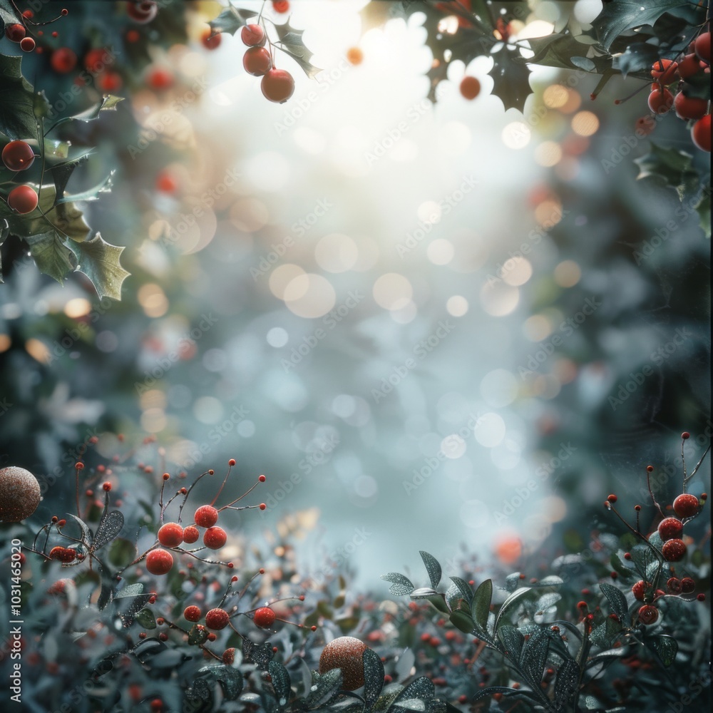 A Sunlit Winter Forest with Red Berries and Dewy Green Leaves A Sunlit Winter Forest with Red Berries and Dewy Green Leaves