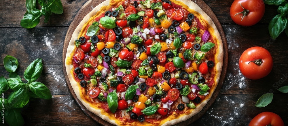 A close-up of a delicious vegetarian pizza with fresh vegetables, olives, and basil on a wooden table, surrounded by fresh tomatoes and basil leaves. A close-up of a delicious vegetarian pizza with fresh vegetables, olives, and basil on a wooden table, surrounded by fresh tomatoes and basil leaves.