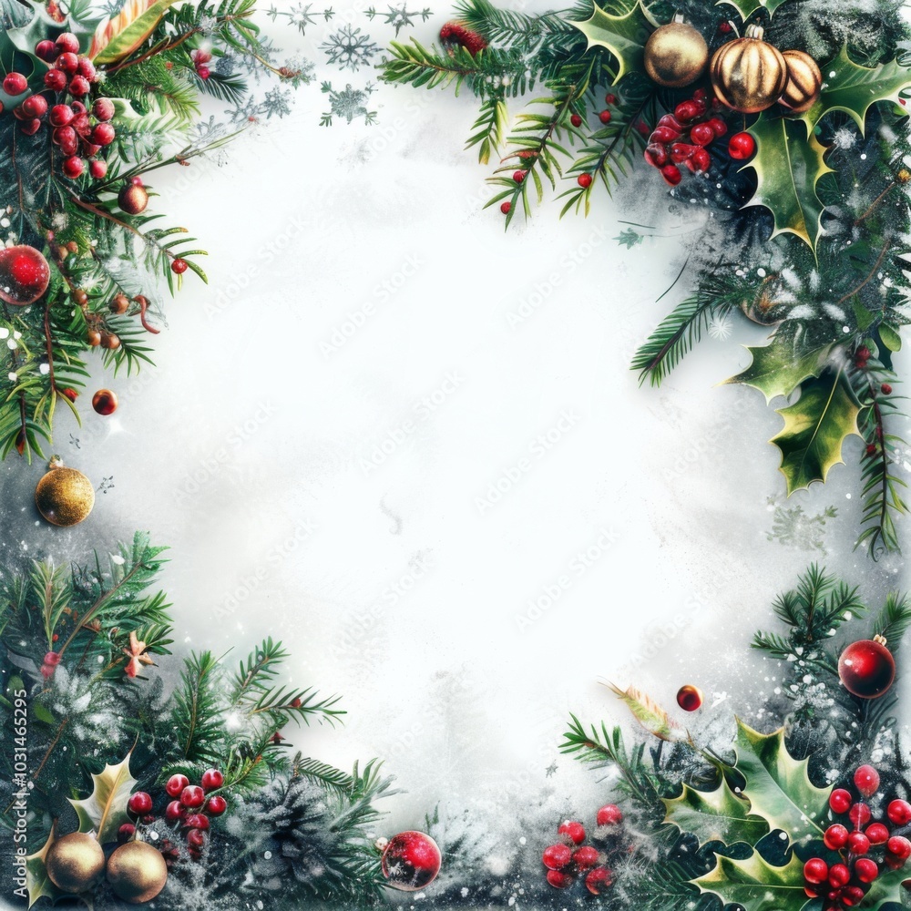 Snowy Winter Holiday Frame with Holly, Pine, and Ornaments Snowy Winter Holiday Frame with Holly, Pine, and Ornaments