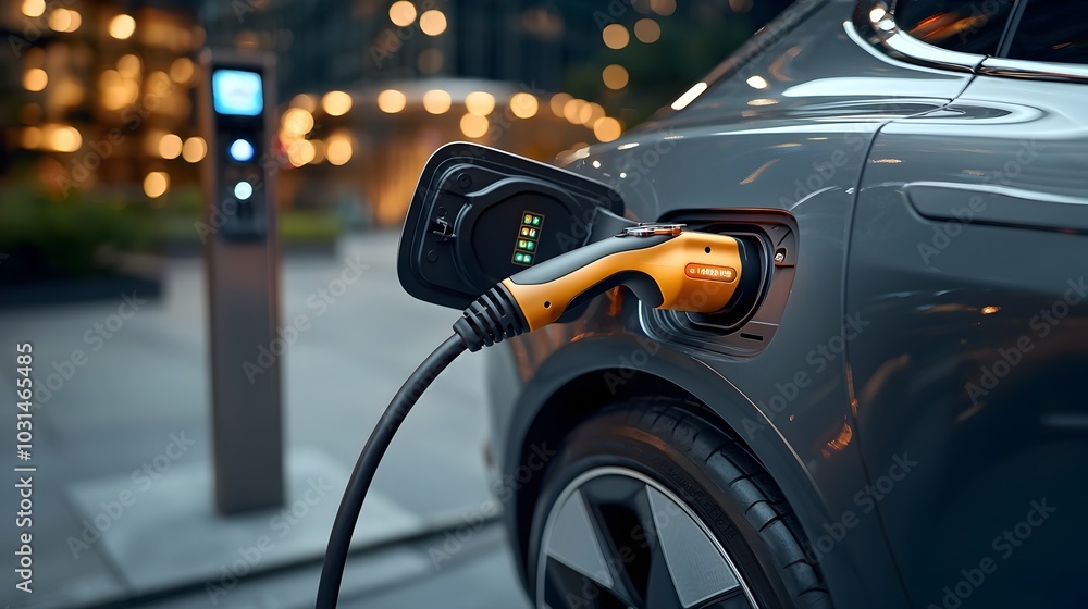 Sleek electric vehicle charging at a futuristic modern charging station in a bustling city environment Showcasing the future of sustainable transportation and energy infrastructure Sleek electric vehicle charging at a futuristic modern charging station in a bustling city environment Showcasing the future of sustainable transportation and energy infrastructure