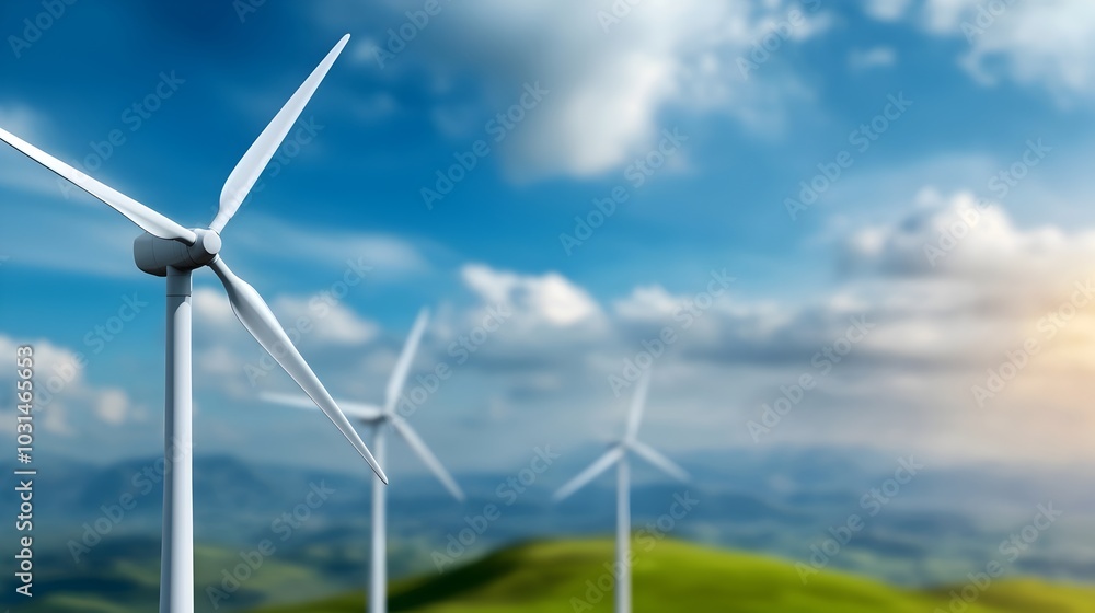 Rows of wind turbines stretching across rolling hillsides in the countryside symbolizing the transition to clean renewable energy and environmental responsibility for a sustainable future Rows of wind turbines stretching across rolling hillsides in the countryside symbolizing the transition to clean renewable energy and environmental responsibility for a sustainable future