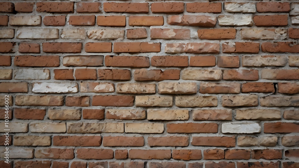 Abstract rustic brick wall background with a classic, uneven layout, vary in color, ranging from deep red to light beige, creating a visually textured pattern Abstract rustic brick wall background with a classic, uneven layout, vary in color, ranging from deep red to light beige, creating a visually textured pattern