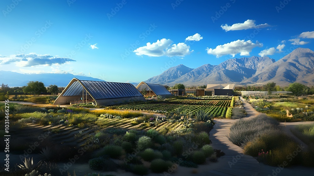 Fototapeta premium A modern, sustainable farm with greenhouses and a path leading towards mountains in the distance.
