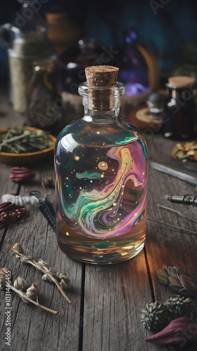 Enchanting Potion Bottle with Colorful Swirls photo