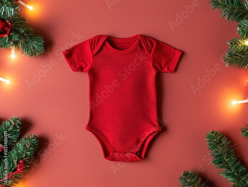 Red baby bodysuit on a festive background with decorations. photo