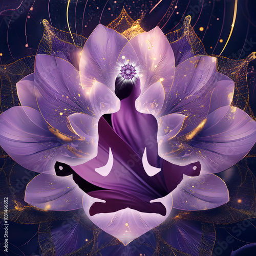 Crown chakra meditation in yoga lotus pose, in front of Sahasrara chakra symbol. Peaceful decor for kinesiology practitioners, massage therapists, reiki and chakra energy healers, yoga studios etc.