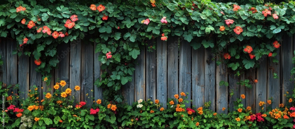 A wooden fence with vibrant flowers blooming along its top, creating a beautiful natural border. A wooden fence with vibrant flowers blooming along its top, creating a beautiful natural border.