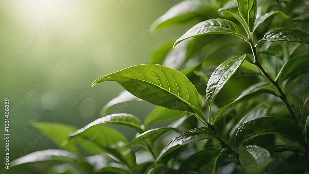 Obraz premium close up photograph of lush green leaves, showcasing a natural and serene style, focused on the leaves, which are prominently displayed in the foreground, with a soft, blurred background 