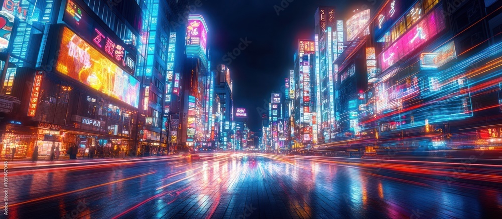 A vibrant cityscape at night with neon signs reflecting in the wet street. A vibrant cityscape at night with neon signs reflecting in the wet street.