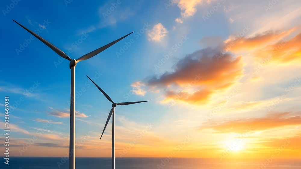 Wind turbine silhouetted against a colorful vibrant sunset landscape capturing the beauty and importance of clean renewable energy Wind turbine silhouetted against a colorful vibrant sunset landscape capturing the beauty and importance of clean renewable energy