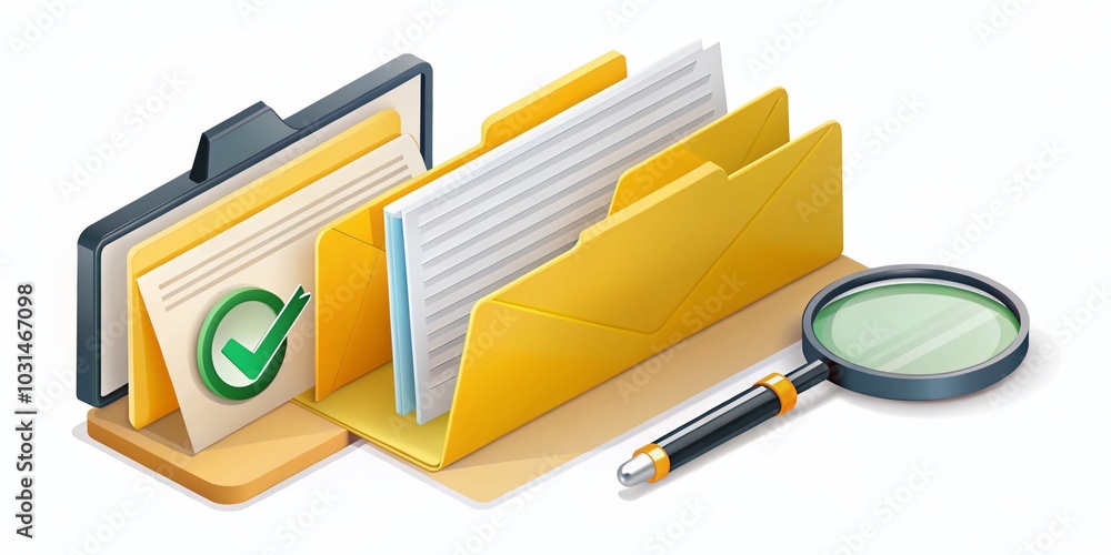 Obraz premium Isometric Yellow Folder with Documents and Magnifier for Data Search Illustration