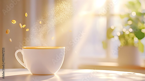 Morning Ritual: A steaming cup of coffee on a table bathed in the golden glow of sunrise, evoking a sense of peace and tranquility. 