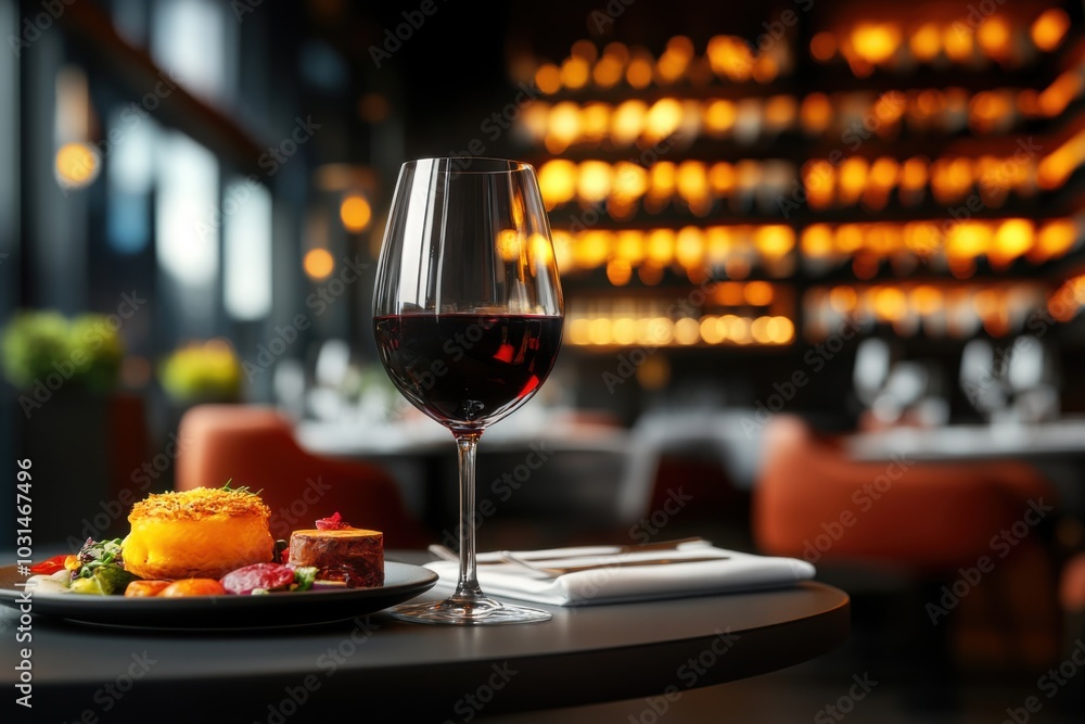 Naklejka premium Elegant Dining Setting with Red Wine and Gourmet Dish