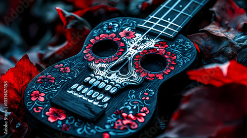 Close-up of a guitar adorned with a skull and surrounded by green leaves. photo