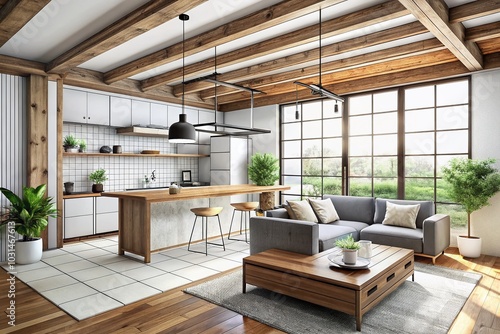 Wallpaper Mural Japandi Living Room and Kitchen Design - Handdrawn Concept to Reality in Minimalist Style Torontodigital.ca