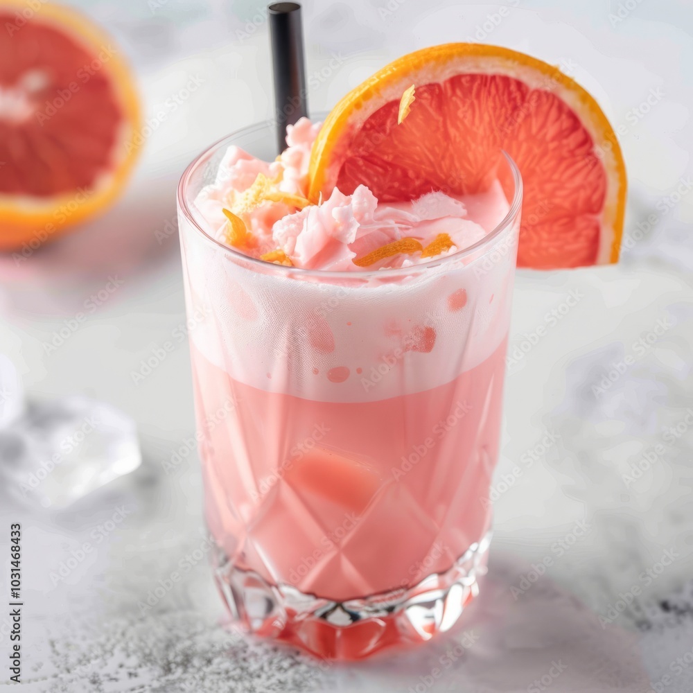 A glass of pink drink with a slice of orange on top A glass of pink drink with a slice of orange on top