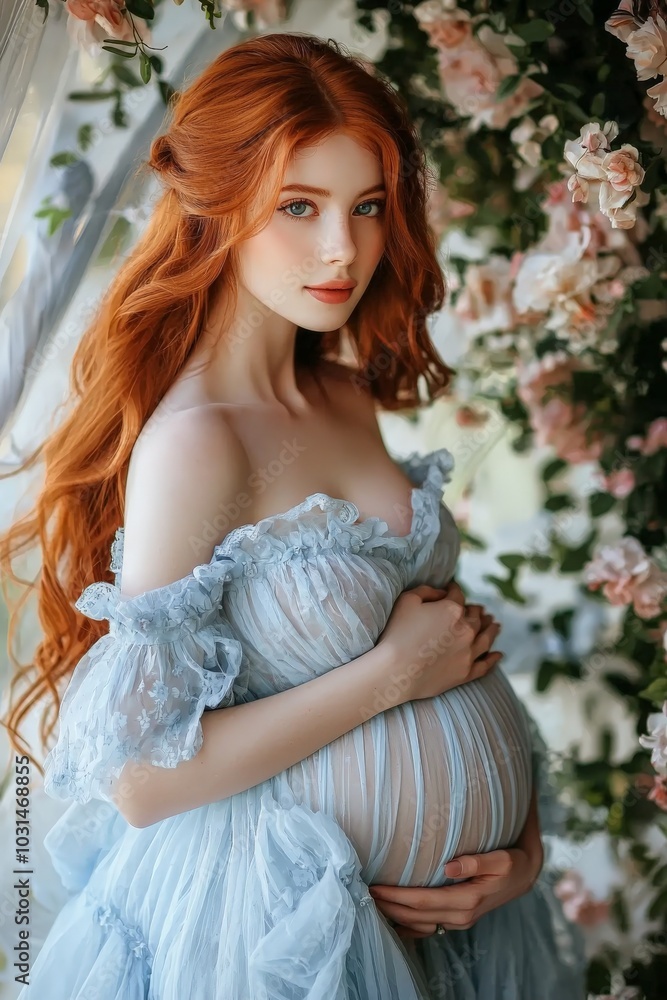 a beautiful young pregnant woman with an angelic face and long red hair wearing a blue dress a beautiful young pregnant woman with an angelic face and long red hair wearing a blue dress