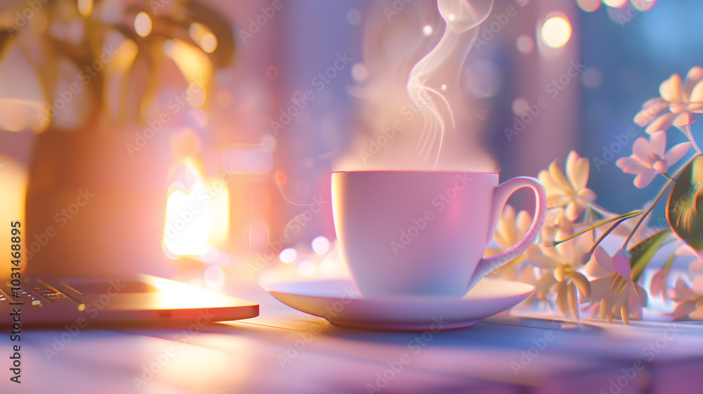 Cozy Evening Tea: A steaming cup of tea sits on a saucer, surrounded by soft lighting, delicate flowers, and a warm candle glow, creating a serene and peaceful ambiance. Cozy Evening Tea: A steaming cup of tea sits on a saucer, surrounded by soft lighting, delicate flowers, and a warm candle glow, creating a serene and peaceful ambiance.