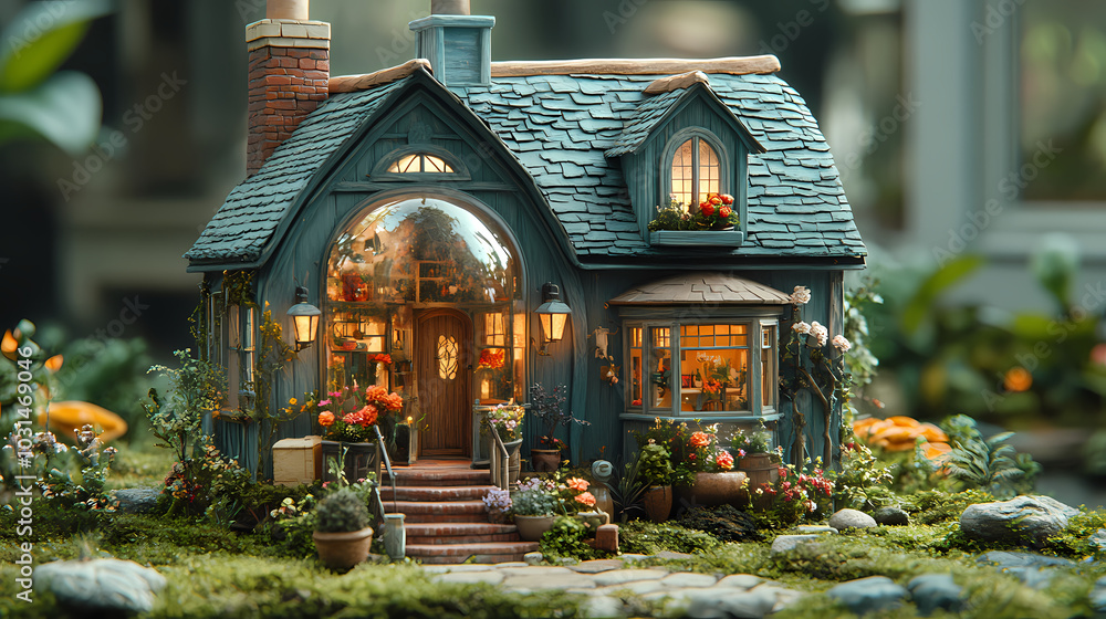 Fototapeta premium Small house featuring a porch and garden