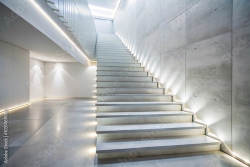 Description: White concrete staircase with under stair lighting