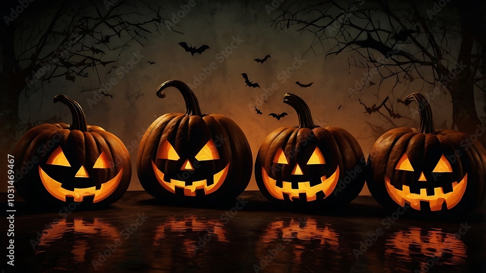 digital illustration featuring a Halloween theme with carved pumpkins, known as jack-o'-lanterns, arranged in a row digital illustration featuring a Halloween theme with carved pumpkins, known as jack-o'-lanterns, arranged in a row