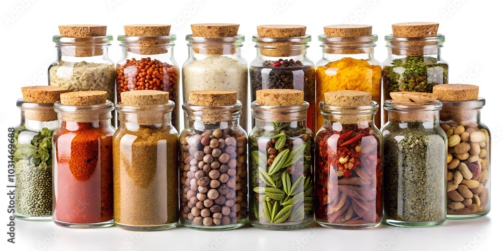 Collection of Glass Jars Filled with Diverse Spices and Herbs with Cork Stoppers isolated on white Collection of Glass Jars Filled with Diverse Spices and Herbs with Cork Stoppers isolated on white