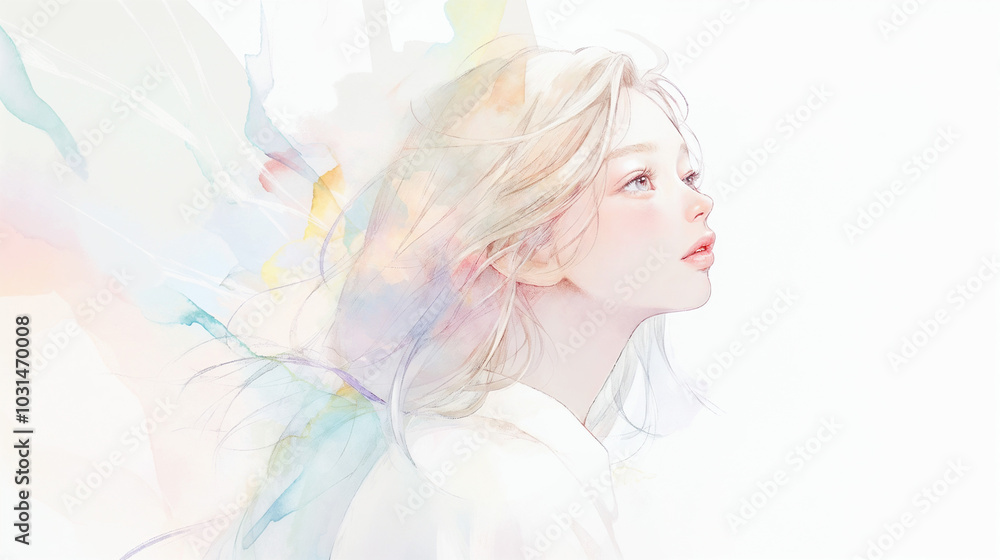 上を見上げる美しい女性の水彩イラスト 上を見上げる美しい女性の水彩イラスト