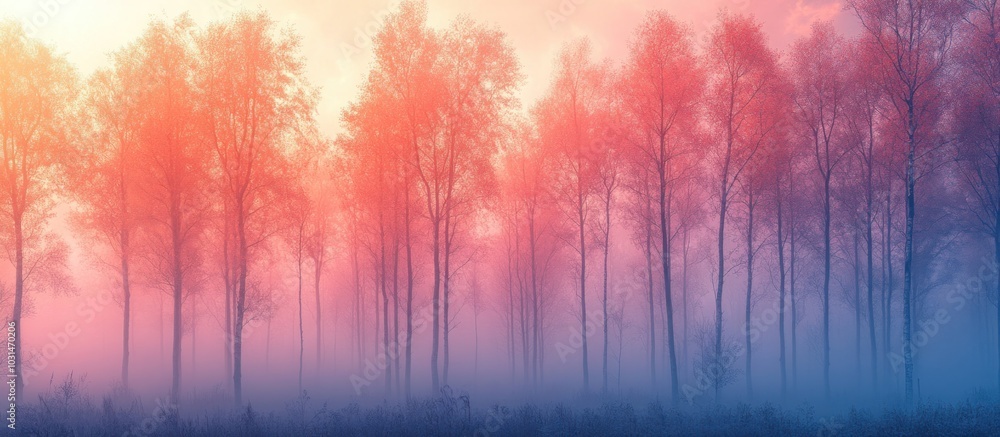 A magical and mystical forest scene with a pink, red and blue sky, and thick mist obscuring the forest floor. A magical and mystical forest scene with a pink, red and blue sky, and thick mist obscuring the forest floor.