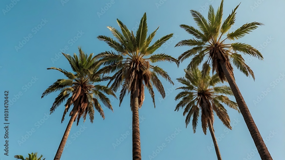 landscape photograph featuring a group of tall palm trees set against a clear, pale blue sky capturing the trees from a low angle, emphasizing their height and slender trunks landscape photograph featuring a group of tall palm trees set against a clear, pale blue sky capturing the trees from a low angle, emphasizing their height and slender trunks