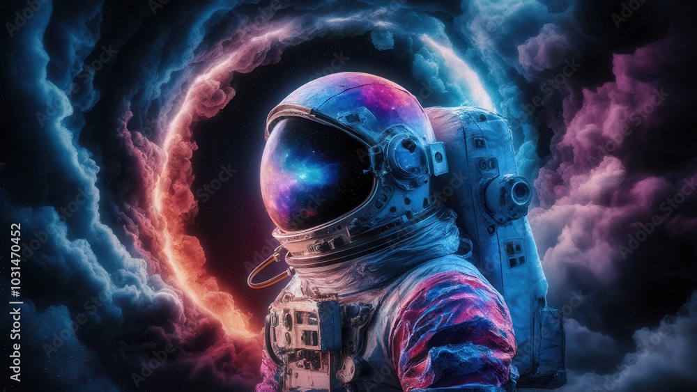 Astronaut in cosmic scene with vibrant swirls of purple and blue Astronaut in cosmic scene with vibrant swirls of purple and blue