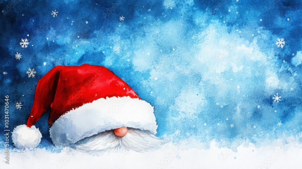 Whimsical Gnome in Santa Hat Surrounded by Snowflakes Whimsical Gnome in Santa Hat Surrounded by Snowflakes