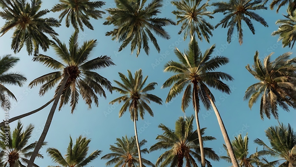 landscape photograph featuring a group of tall palm trees set against a clear, pale blue sky capturing the trees from a low angle, emphasizing their height and slender trunks landscape photograph featuring a group of tall palm trees set against a clear, pale blue sky capturing the trees from a low angle, emphasizing their height and slender trunks