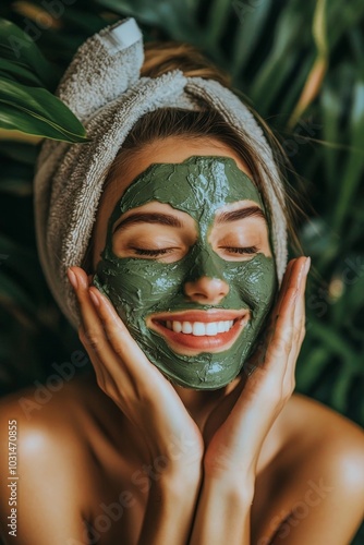 a young woman enjoying a green mud mask on her face - skin care