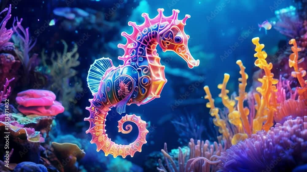 Neon Seahorse in the Underwater Fantasy World Neon Seahorse in the Underwater Fantasy World