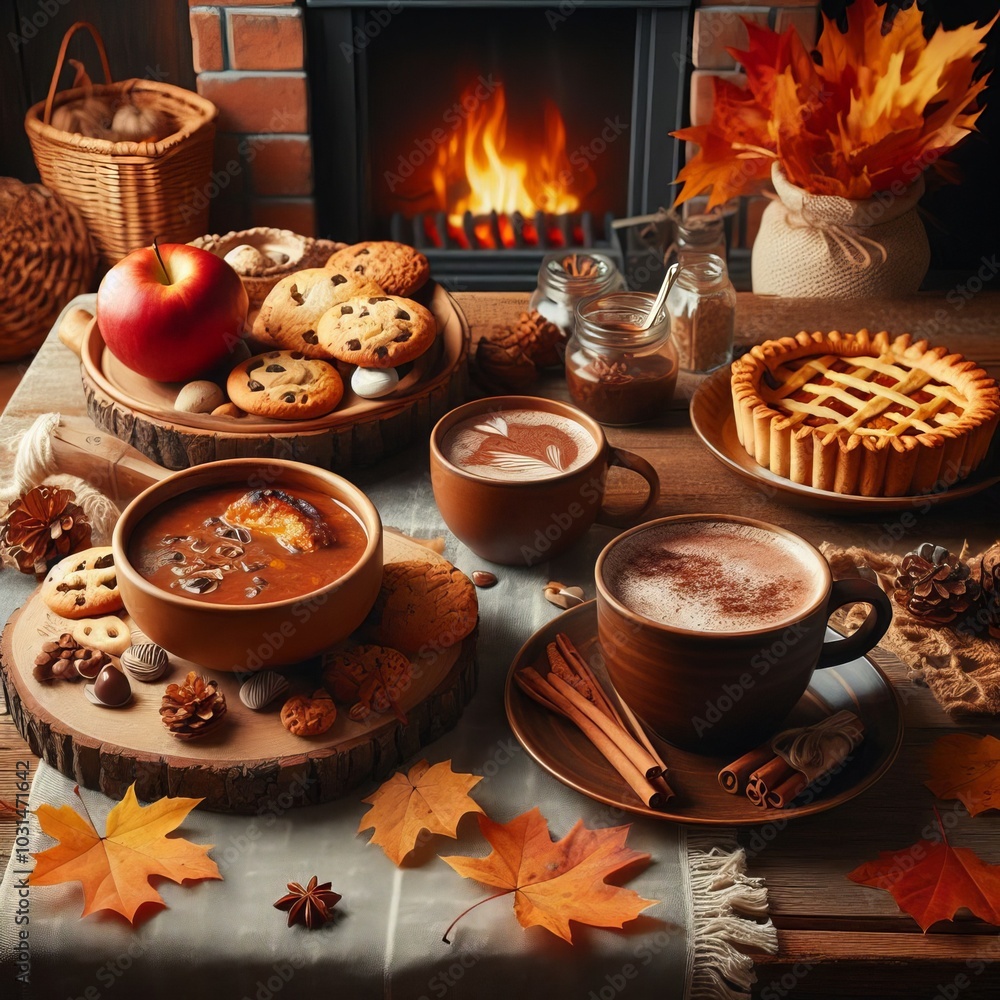 a table adorned with festive hot drink and foods decorations, glowing warmly beside a beautifully decorated. This creates a perfect holiday setting filled with warmth and joy a table adorned with festive hot drink and foods decorations, glowing warmly beside a beautifully decorated. This creates a perfect holiday setting filled with warmth and joy
