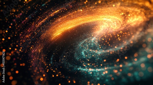 Abstract swirling galaxy of light with gold, blue and orange colors.