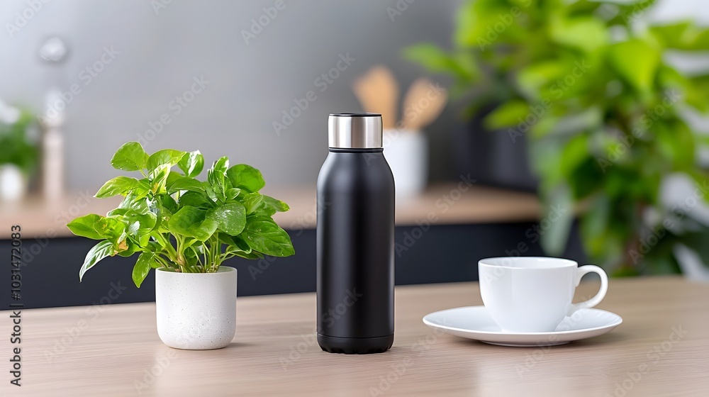 Reusable water bottles and coffee cups placed neatly on a clean kitchen counter promoting the concept of zero waste and a sustainable eco friendly lifestyle Reusable water bottles and coffee cups placed neatly on a clean kitchen counter promoting the concept of zero waste and a sustainable eco friendly lifestyle