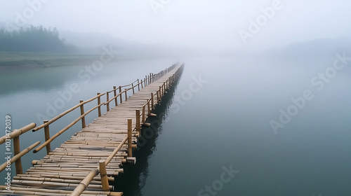 In the dense, mist-filled expanse of the vast Wu River in Guizhou. The fog rolls in thick, swallowing the bridge into the soft, dreamlike haze photo