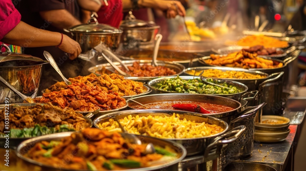 A close up view of a food stand offering a variety of colorful dishes. A close up view of a food stand offering a variety of colorful dishes.