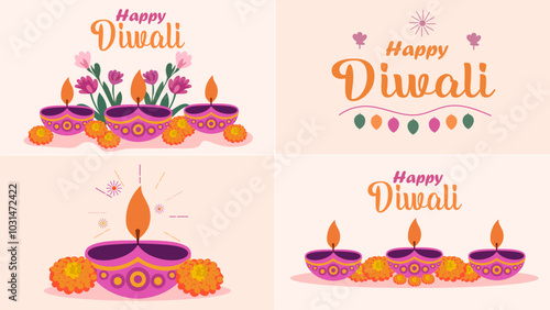 Happy Diwali festival greeting card with diya. Vector illustration
