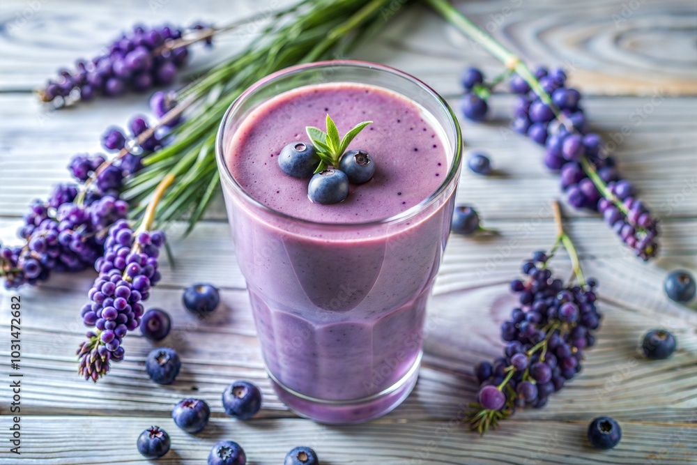 Blueberry smoothie with mint and lavender on white wooden table Blueberry smoothie with mint and lavender on white wooden table