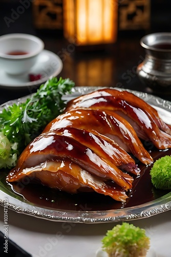 Chinese traditional dish roasted crispy Peking Duck served