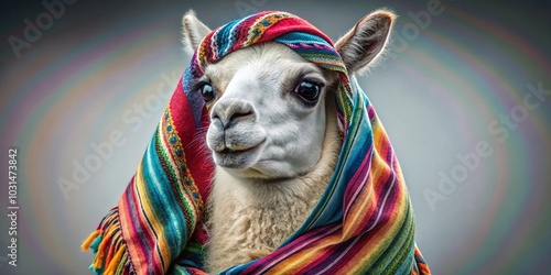 Llama in a Shawl: Whimsical Conceptual Portrait for Unique Stock Imagery