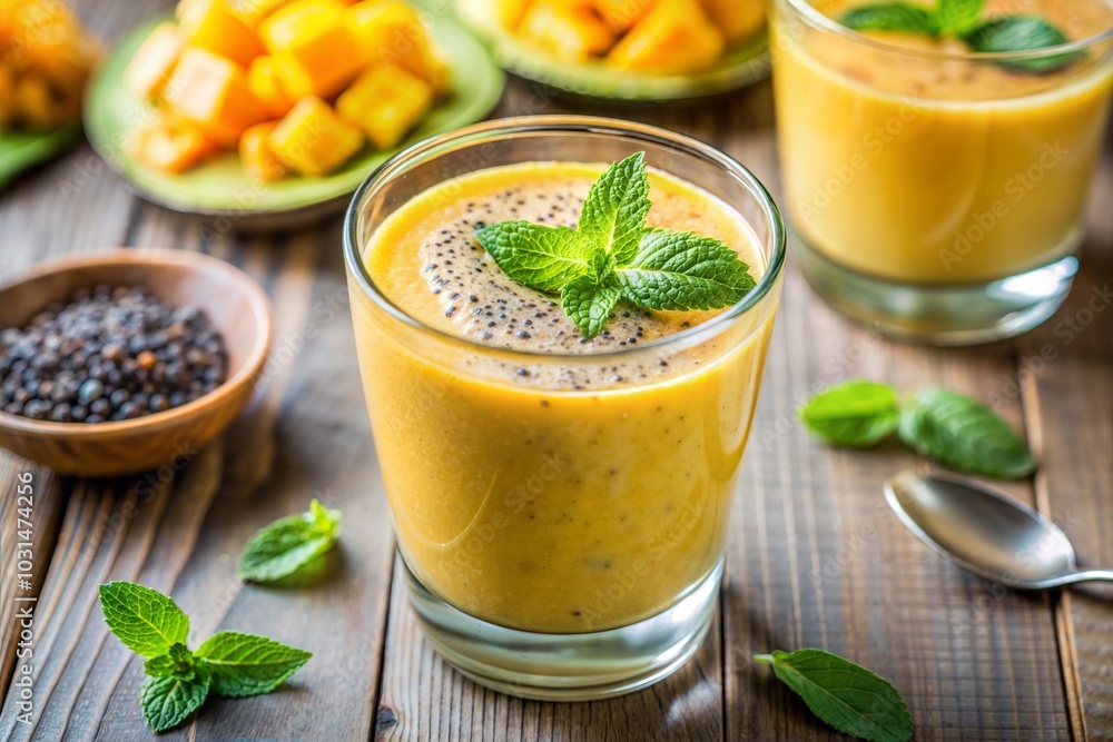 Mango smoothie with mint on rustic wooden table Mango smoothie with mint on rustic wooden table