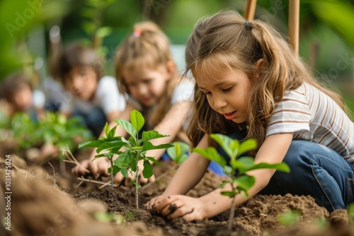 Green initiative by students: children planting trees at a school celebration photo