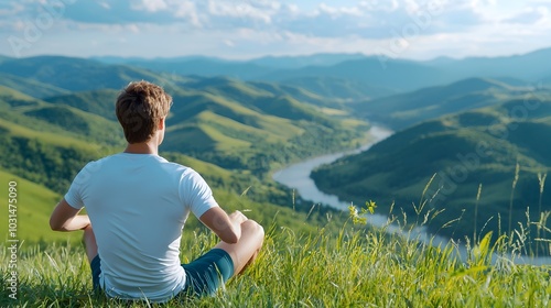 Athlete Stretching Hamstrings on a Grassy Hill with Scenic Overlook before Going for an Outdoor Run in Nature