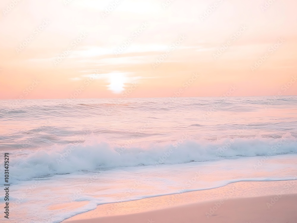 Serene Beach Sunrise - Gentle Waves Lapping on the Shore with Soft Pink and Orange Skies Serene Beach Sunrise - Gentle Waves Lapping on the Shore with Soft Pink and Orange Skies