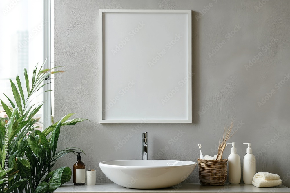 Fototapeta premium white blank frame mockup hanging on the wall of modern bathroom, near sink and countertop with shampoo bottles and plants