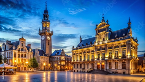 Long Exposure of Charleroi Town Hall and Saint Christophe Church in Place Vauban, Wallonia, Belgium